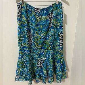 Vintage N Touch Blue and Green Ruffle Rayon Skirt Side Slit Size Large NWT